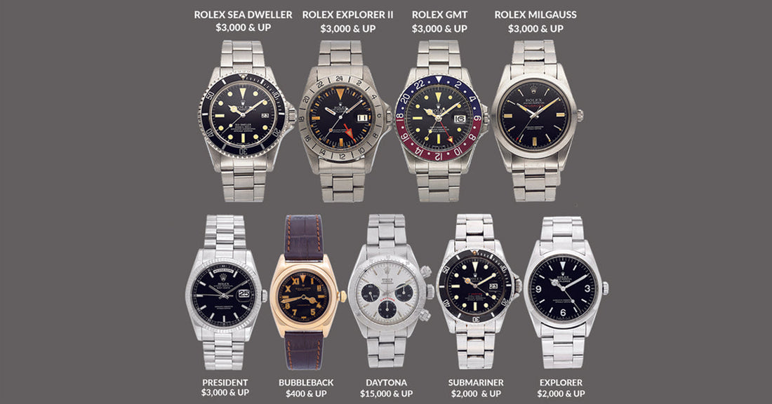A group of luxury timepieces available for watch trading.