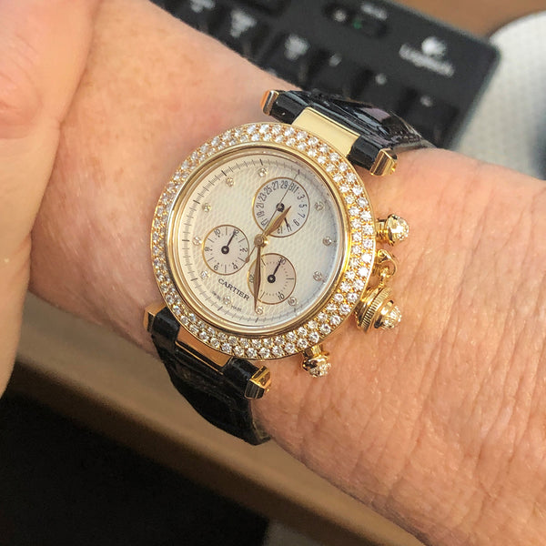 Cartier Pasha 18k Yellow Gold  & Diamond Ladies Watch on Black Strap Band 1354