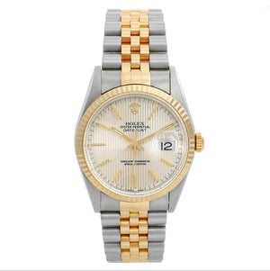 Rolex Datejust Men's 2-Tone Watch Silver Tapestry Dial 16233