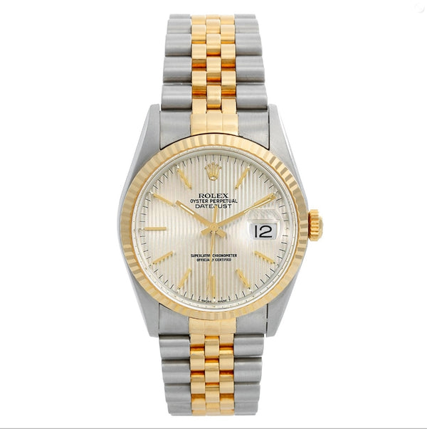 Rolex Datejust Men's 2-Tone Watch Silver Tapestry Dial 16233