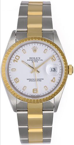 Rolex Date Men's 2-Tone  Stainless Steel & Gold White Dial Watch 15223
