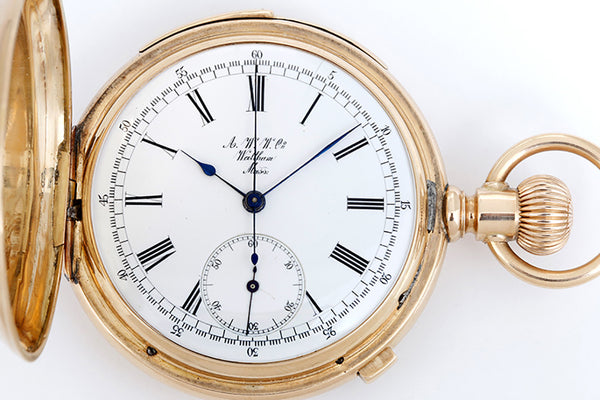 Rare Collectible Waltham 14k Yellow Gold Hunter Case Five Minute Repeating Chronograph Pocket Watch