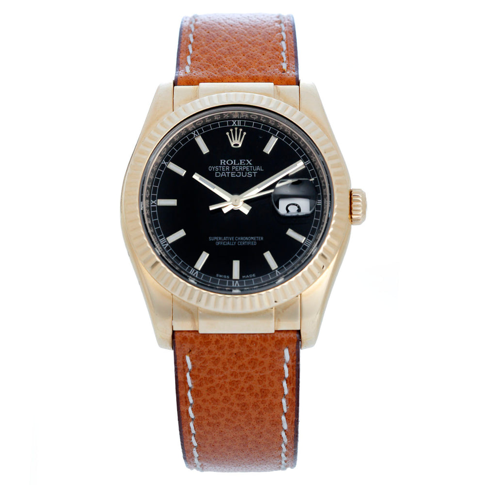 Rolex Datejust 18k Yellow Gold Men's Watch on Leather Strap Band 116138