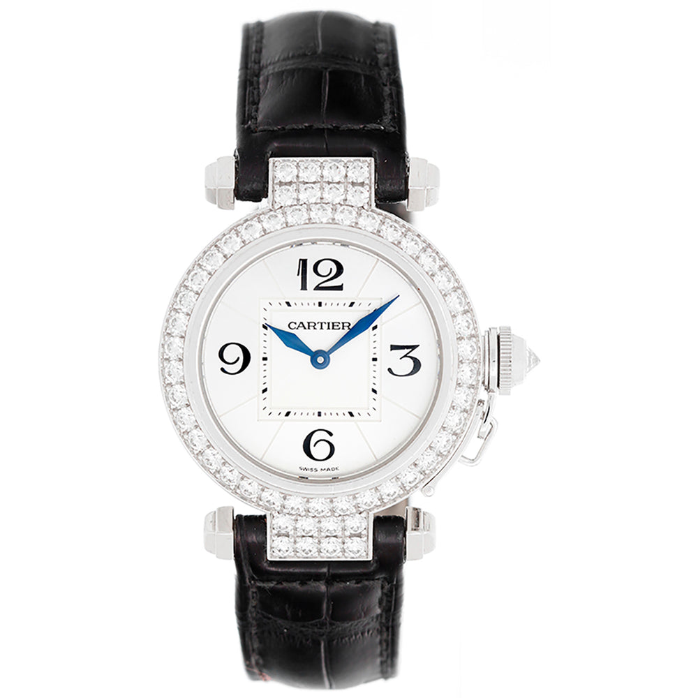 Cartier Pasha 18k White Gold & Diamond Ladies Watch on Black Strap Band WJ11922G