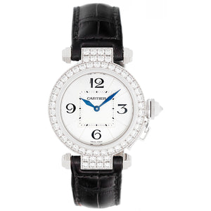 Cartier Pasha 18k White Gold & Diamond Ladies Watch on Black Strap Band WJ11922G