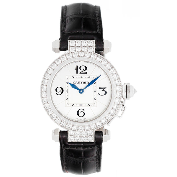 Cartier Pasha 18k White Gold & Diamond Ladies Watch on Black Strap Band WJ11922G