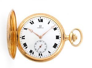 Vintage Omega Engraved 18k Yellow Gold Men's Pocket Watch in Original Box