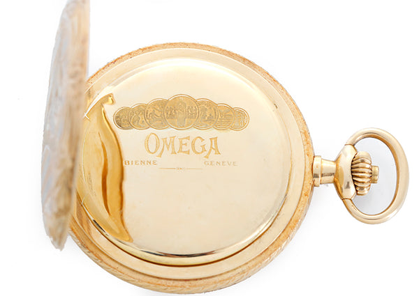 Vintage Omega Engraved 18k Yellow Gold Men's Pocket Watch in Original Box