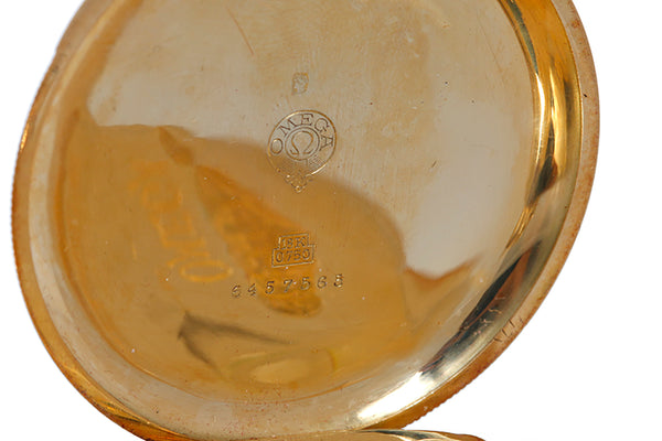 Vintage Omega Engraved 18k Yellow Gold Men's Pocket Watch in Original Box