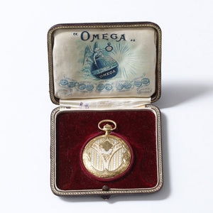 Vintage Omega Engraved 18k Yellow Gold Men's Pocket Watch in Original Box