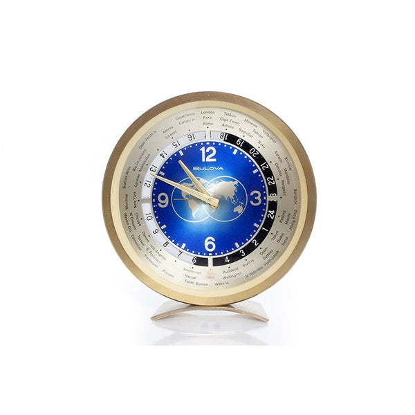 Beautiful Vintage Bulova Globe World Time Brass Alarm  Desk/Shelf Clock
