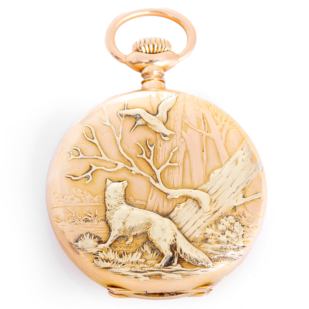 Patek Philippe 18k Yellow Gold Hunting Case Pocket Watch Wildlife Scene