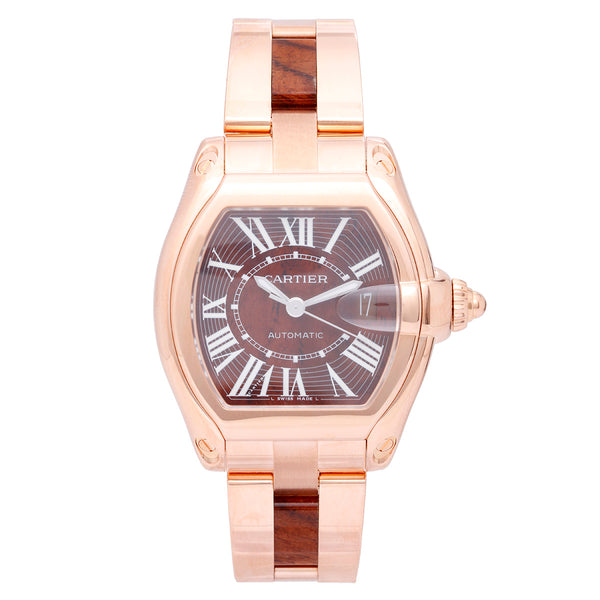 Cartier Roadster 18k Rose Gold with Walnut Burlwood Dial