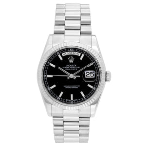 Rolex President Day-Date Men's 18k White Gold Watch Black Dial 118239