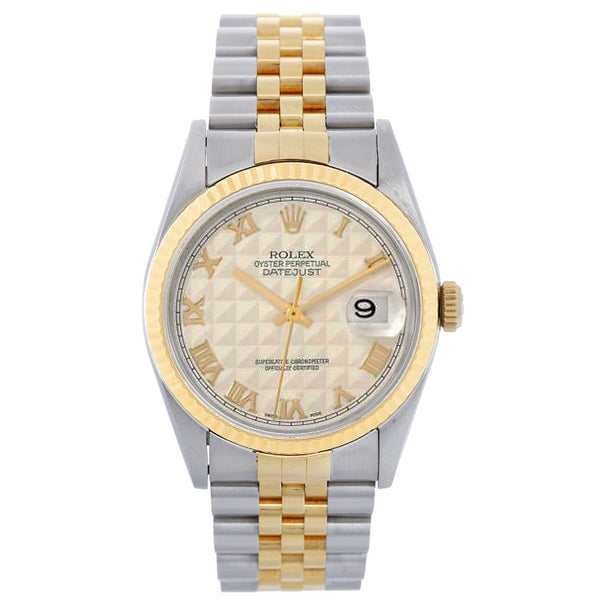 Rolex Datejust Men's 2-Tone Watch 16233 Ivory Colored Pyramid Dial