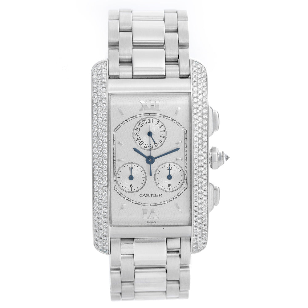 Cartier Tank Americaine 18k White Gold Chronograph Diamond Watch 2339
