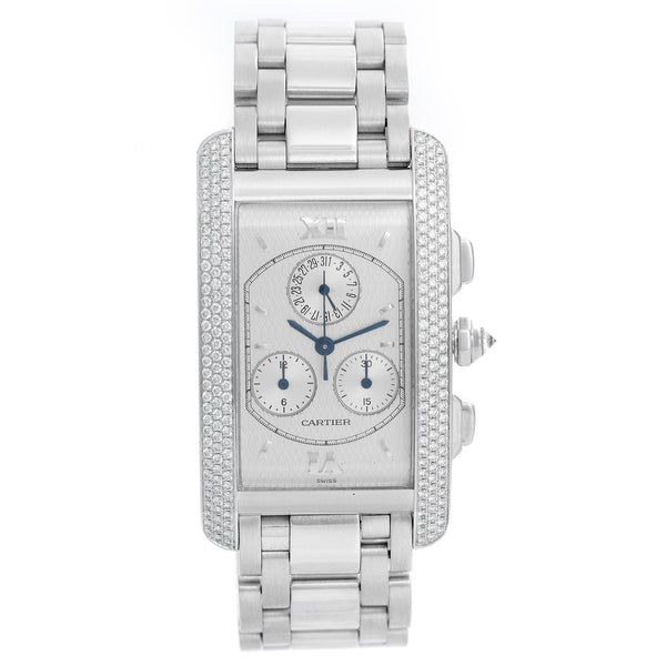 Cartier Tank Americaine 18k White Gold Chronograph Diamond Watch 2339