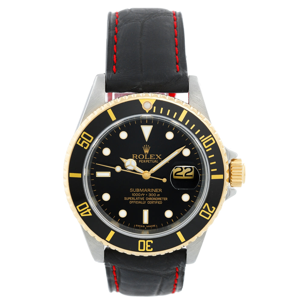 Rolex Submariner Men's 2-Tone Watch 16613 on Strap with Red Stitching