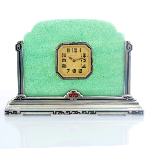 Vintage Tiffany & Co. Art Deco Sterling Silver Enamel Table Clock