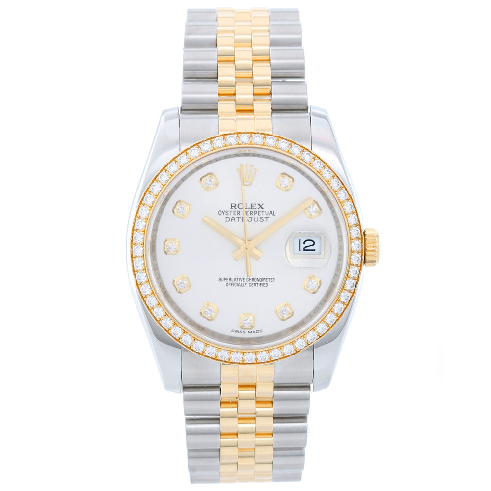 Rolex Datejust Men's 2-Tone Steel & Gold Watch Silver Diamond Dial  116243