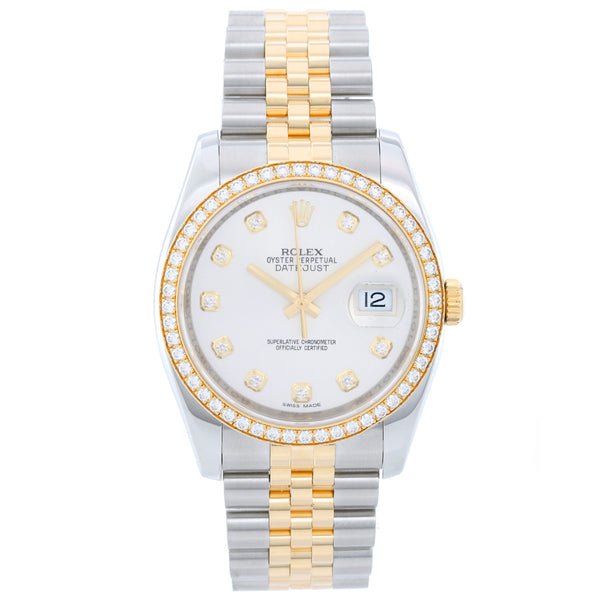 Rolex Datejust Men's 2-Tone Steel & Gold Watch Silver Diamond Dial  116243