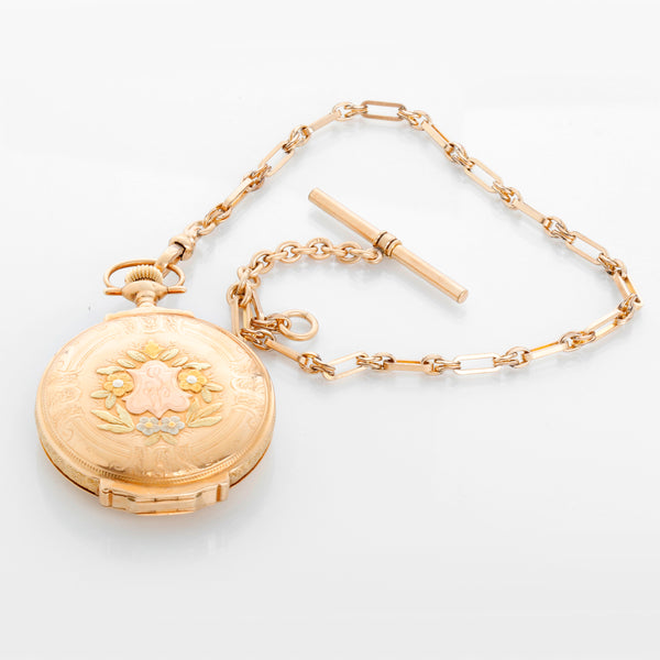 Elgin Multi Colored Box Hinged Gold  Pocket Watch with Chain