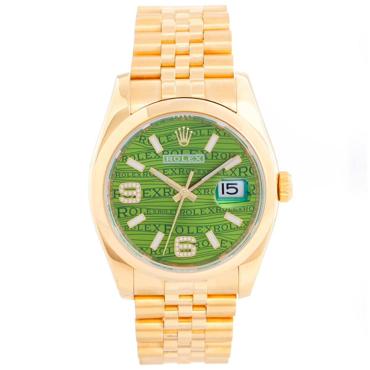 Rare Men's Gold Rolex Datejust Factory Green Dial Watch 116208