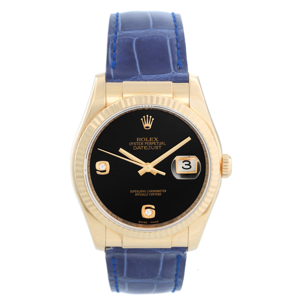 Rolex Datejust 18k Yellow Gold Men's Watch 116138 Onyx Dial On Strap