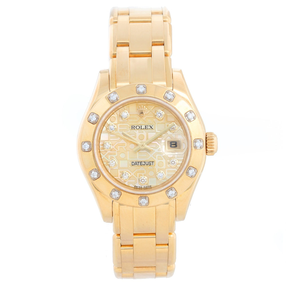 Rolex Lady Datejust Pearlmaster 18k Yellow Gold Champagne MOP Jubilee Diamond Watch 80318