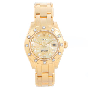 Rolex Lady Datejust Pearlmaster 18k Yellow Gold Champagne MOP Jubilee Diamond Watch 80318