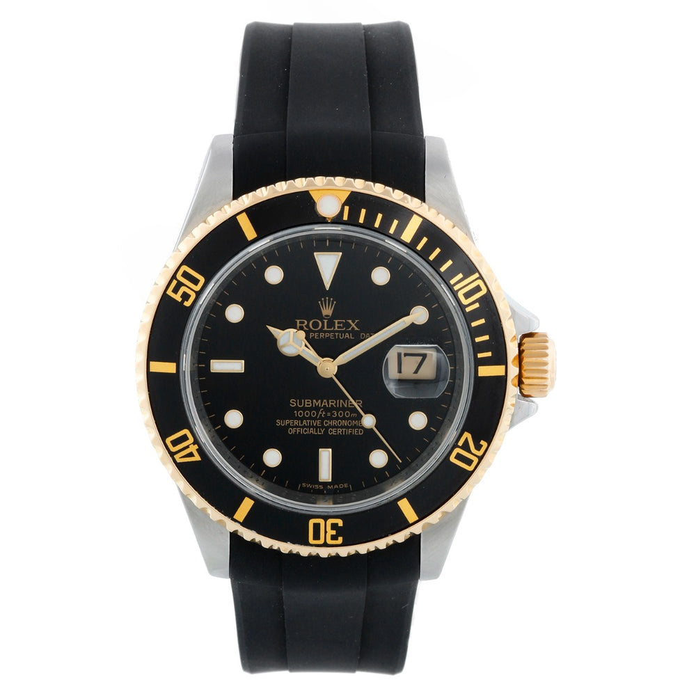 Rolex Submariner Men's 2-Tone Watch 16613 Black Dial Rubber Strap