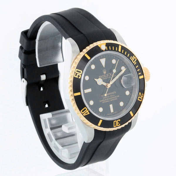 Rolex Submariner Men's 2-Tone Watch 16613 Black Dial Rubber Strap