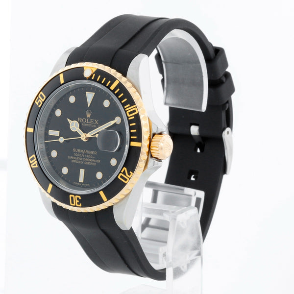 Rolex Submariner Men's 2-Tone Watch 16613 Black Dial Rubber Strap