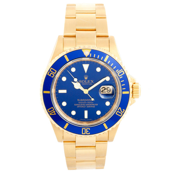 Collectible Rolex Submariner 18k Gold Men's Watch 16618 Blue Dial