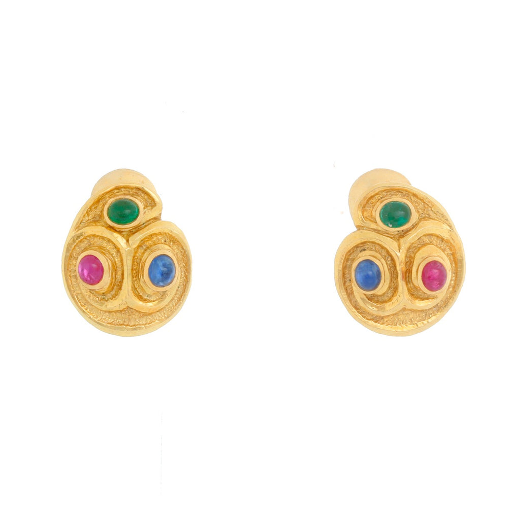 David Webb Ruby, Emerald, Sapphire, Gold Earrings
