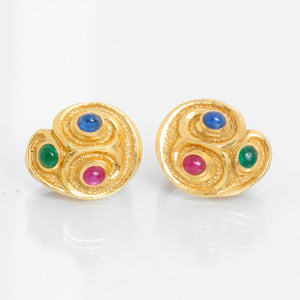 David Webb Ruby, Emerald, Sapphire, Gold Earrings