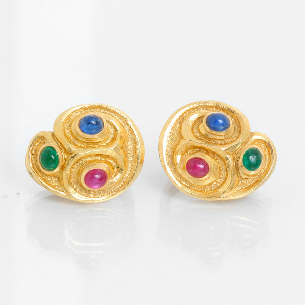 David Webb Ruby, Emerald, Sapphire, Gold Earrings
