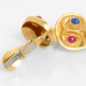 David Webb Ruby, Emerald, Sapphire, Gold Earrings