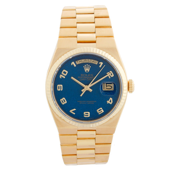 Rolex Oysterquartz President Day-Date Men's Blue Dial 18k Gold Watch 19018