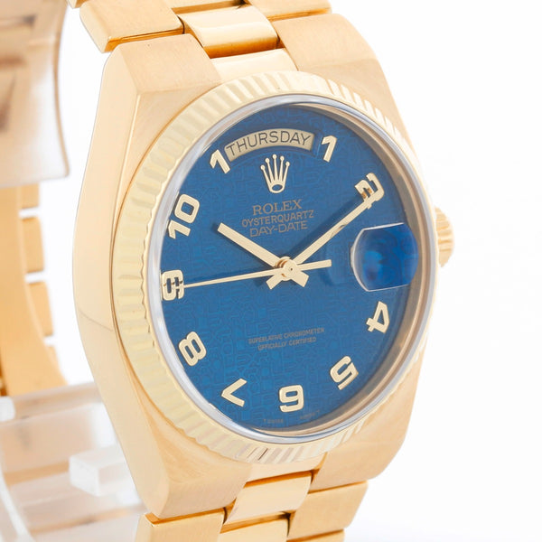 Rolex Oysterquartz President Day-Date Men's Blue Dial 18k Gold Watch 19018