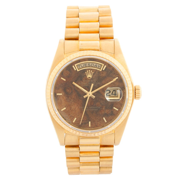 Rolex President Day-Date Men's 18k Gold Burwood Dial Watch 18038