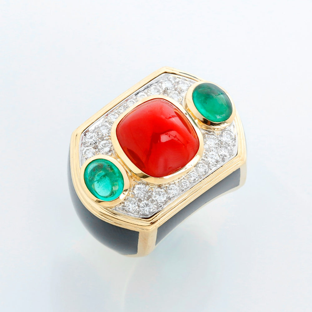 David Webb Coral, Emerald, Diamond, Onyx, Gold Ring  Size 7
