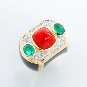 David Webb Coral, Emerald, Diamond, Onyx, Gold Ring  Size 7