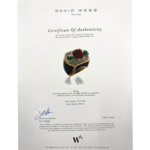 David Webb Coral, Emerald, Diamond, Onyx, Gold Ring  Size 7