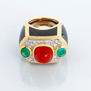 David Webb Coral, Emerald, Diamond, Onyx, Gold Ring  Size 7