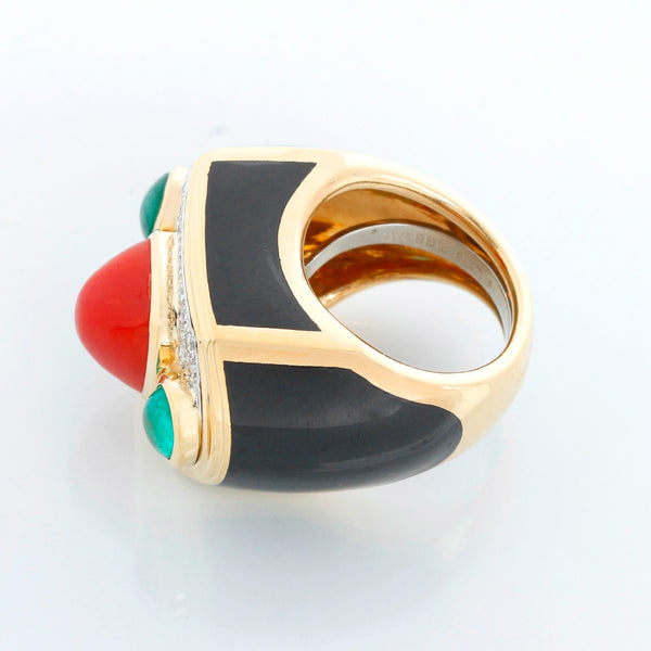 David Webb Coral, Emerald, Diamond, Onyx, Gold Ring  Size 7
