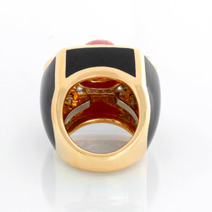 David Webb Coral, Emerald, Diamond, Onyx, Gold Ring  Size 7