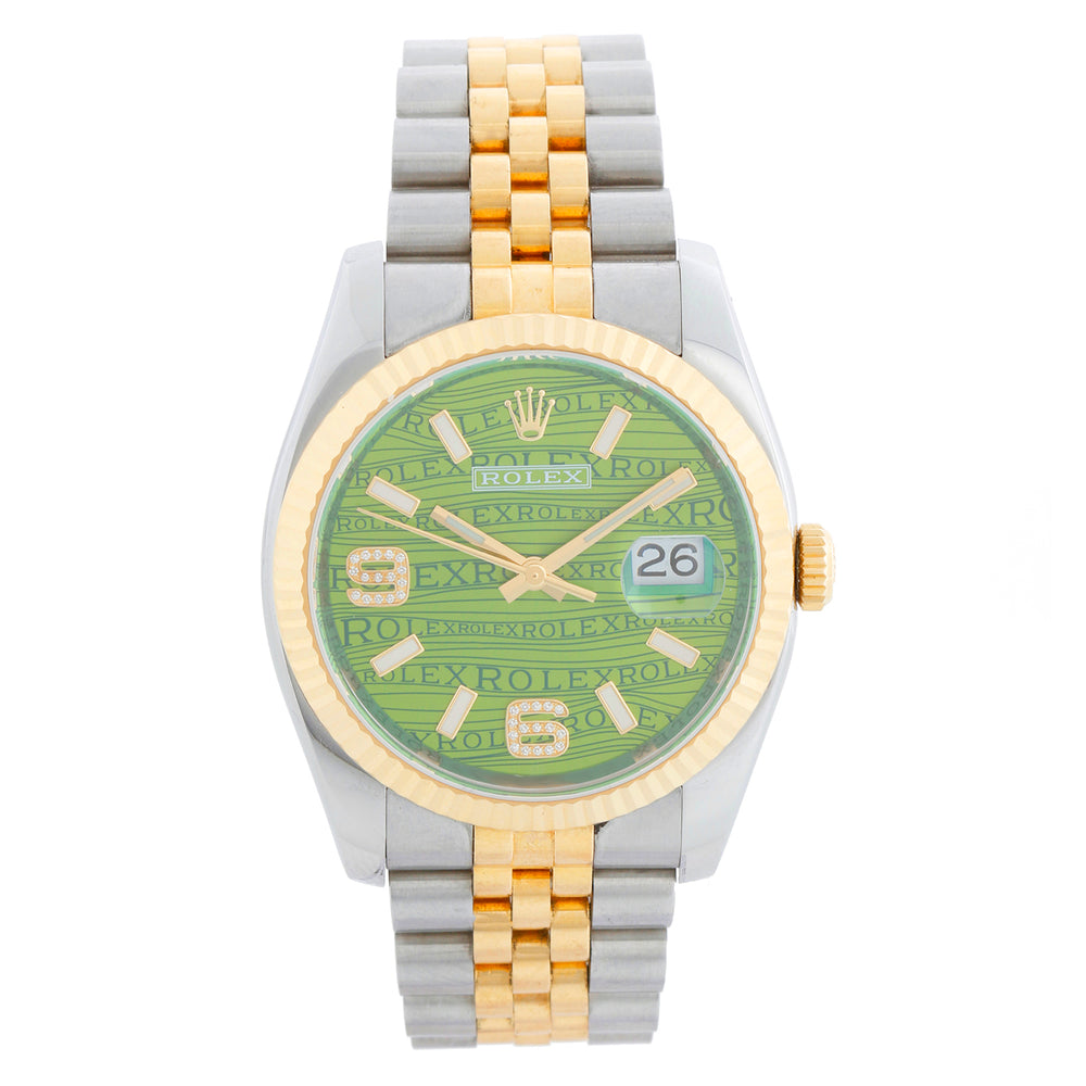 Rolex Datejust Men's 2-Tone Green Wave Diamond Dial Watch 116233