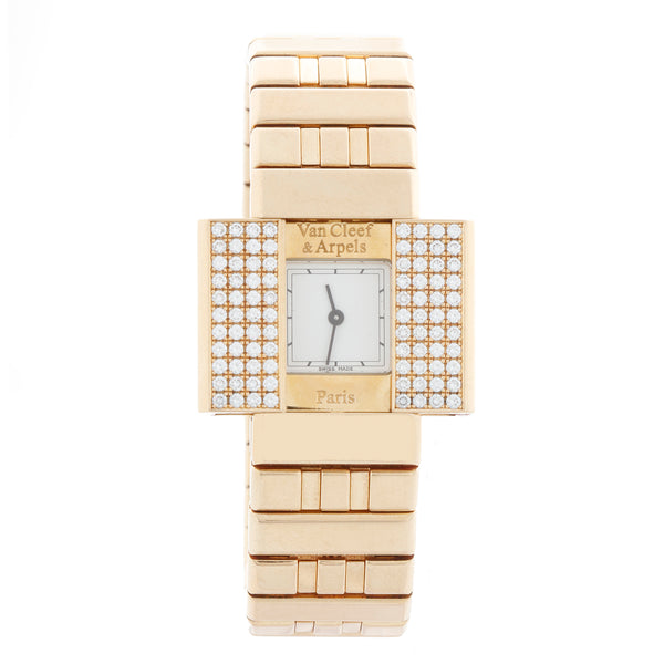 Gold watch with diamond accents on a white background