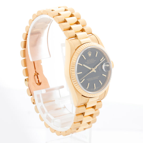 Rolex Midsize President 18K Yellow Gold  Black Dial Watch 68278